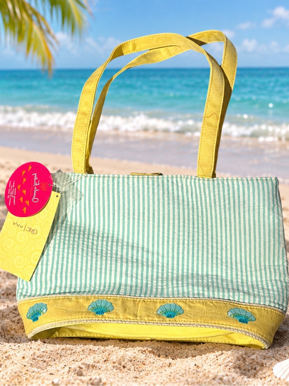 Quacker Factory Seashell Searsucker Aqua & White With Yellow Accent Tote Bag NWT